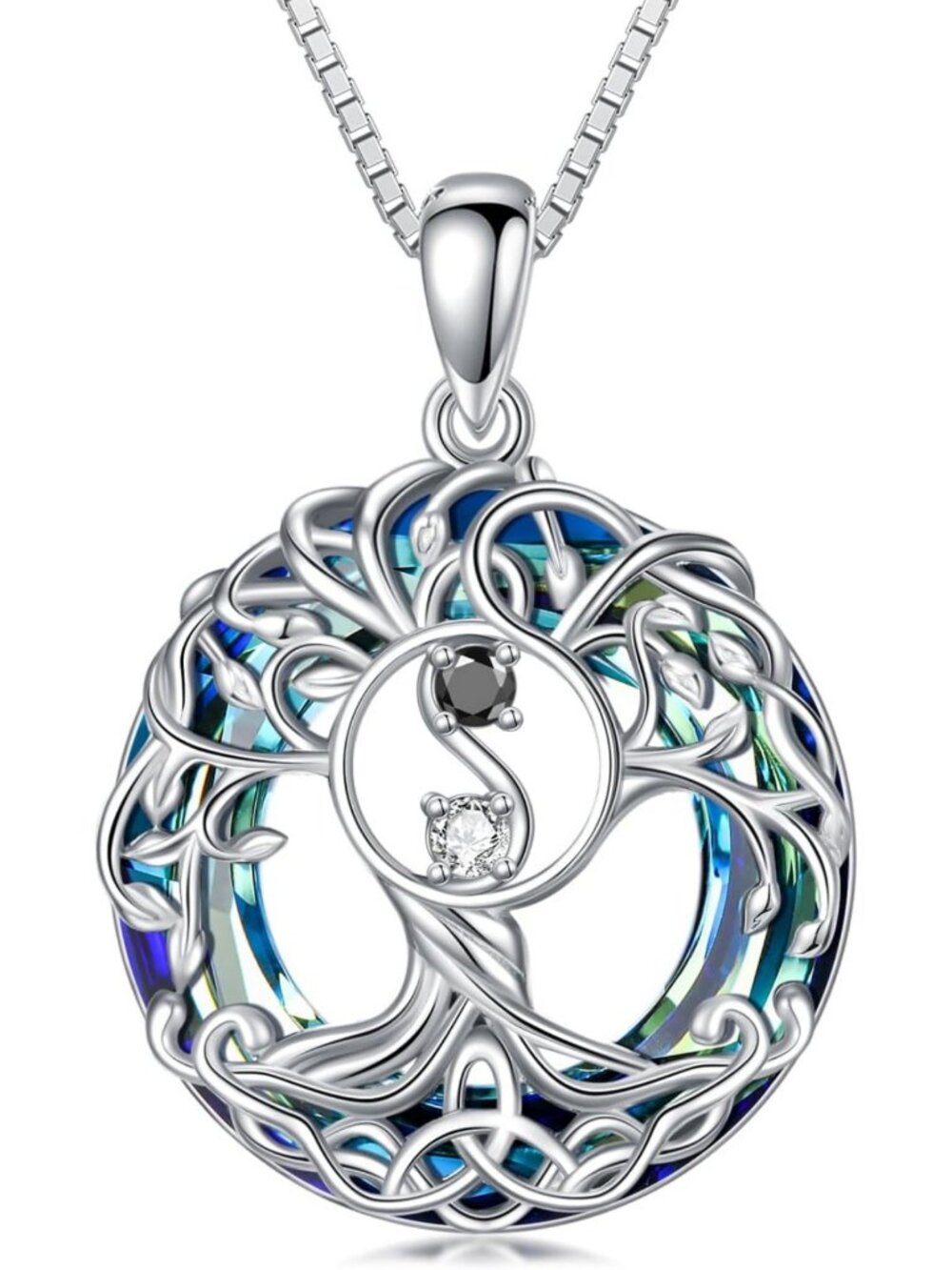 Sterling Silver Tree of Life Necklace with Blue Crystal - Celtic Knot Pendant
